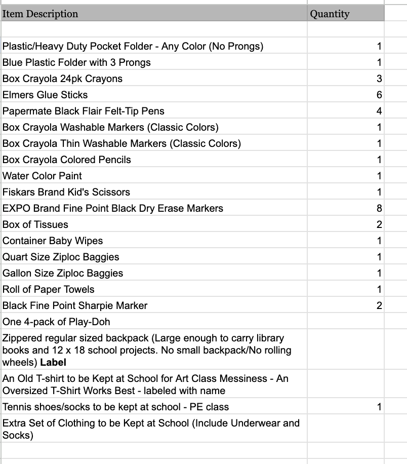 list of k5 school supplies